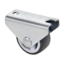 Rueda fija de goma con placa y eje liso de dos fijaciones, color gris, carga máx. 40 kg. ø 2,5 cm