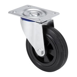 Rueda giratoria de goma natural con placa y eje liso, color negro, carga máx. 60 kg, ø 8 cm