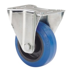 Rueda fija de goma, con placa y eje de rodillos, color azul, carga máx. 130 kg, ø 12,5 cm
