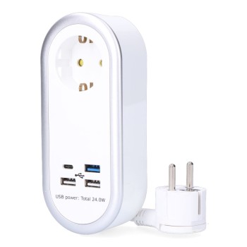 Prolongador con 1 toma 2p+t schuko, 4 usb (3 x a + 1 x c), 16 a 250 v, cable h05vv-f, 3g1,5mm de 1,5 m, blanco