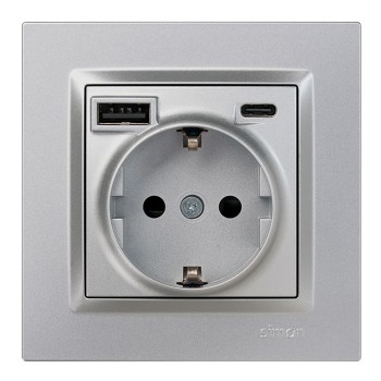 Base enchufe schuko + usb a + c 10,5 w 16 a 250 v~, simon 10, aluminio