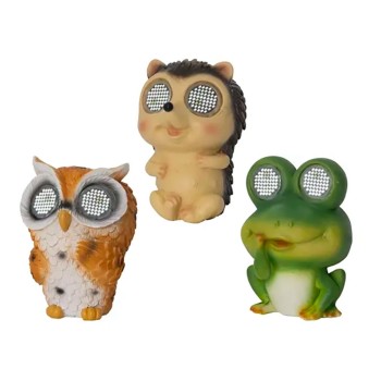 Figura de animal solar, 3 modelos variados: búho, erizo y rana